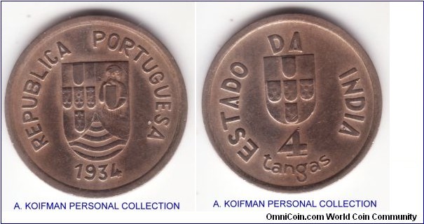 KM-21, 1934 Portuguese India 4 tangas; copper nickel, plain edge; scarce issue, mintage 100,000, very fine or so.