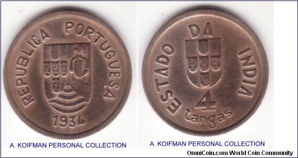 KM-21, 1934 Portuguese India 4 tangas; copper nickel, plain edge; scarce issue, mintage 100,000, very fine or so.
