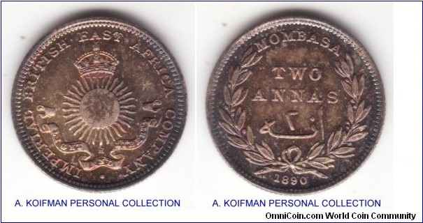 KM-2, 1890 Mombasa 2 annas, Heaton Mint (H mintmark); silver, reeded edge; nice brilliant uncirculated with mottled toning, scarce mintage 16,000