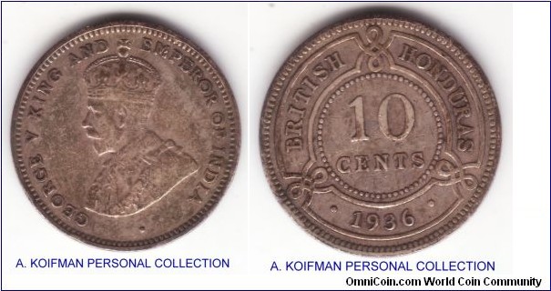 KM-20, 1936 British Honduras 10 cents; silver, reeded edge;  very fine or so, mintage 36,000.