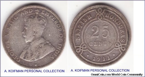 KM-17, 1911 British Honduras 25 cents, silver, reeded edge; very good to fine, mintage 14,000