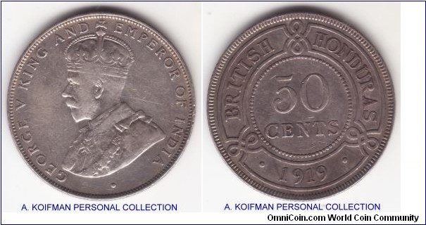 KM-18, 1919 British Honduras 50 cents; silver, reeded edge; mintage 40,000, almost very fine.
