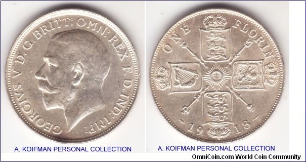 KM-817, 1918 Great Britain florin; silver, reeded edge; uncirculated or almost, bright white specimen.