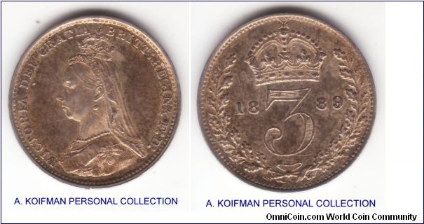 KM-758, 1889 Great Britain 3 pence; silver, plain edge; nice uncirculated specimen with some proof like surfaces.
