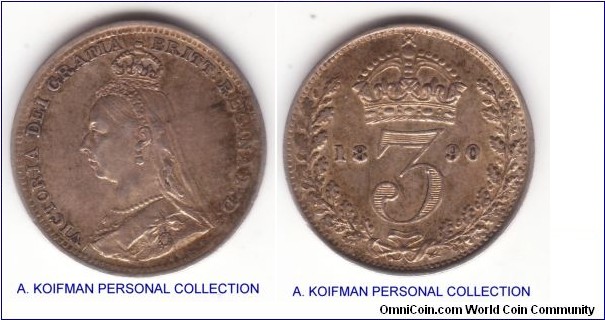 KM-758, 1890 Great Britain 3 pence; silver, plain edge; Victoria, Jubilee head type, toned good extra fine or better.