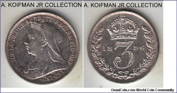 KM-777, 1896 Great Britain 3 pence; silver, plain edge; Victoria last type, 