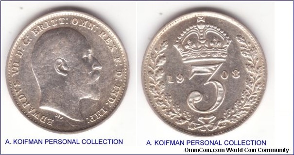 KM-797.2, 1908 Great Britain 3 pence; silver, plain edge; average uncirculated or about, white lustrous.