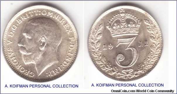 KM-813, 1911 Great Britain 3 pence; silver, plain edge; very nice bright uncirculated specimen.