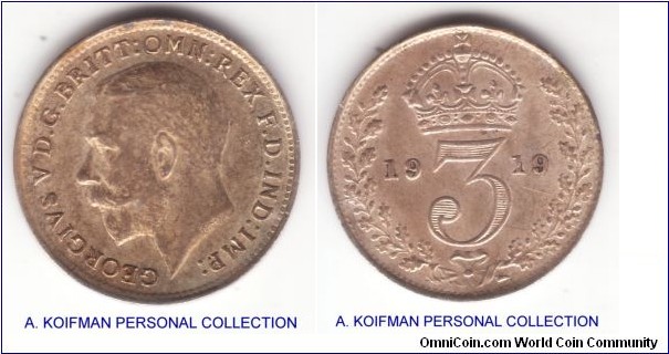 KM-813, 1919 Great Britain 3 pence; silver, plain edge; toned about uncirculated to uncirculated specimen.