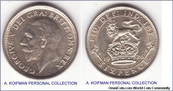 KM-815a.2, 1926 Great Britain 6 pence; silver, reeded edge; modified effigy, lots of luster on this uncirculated coin.