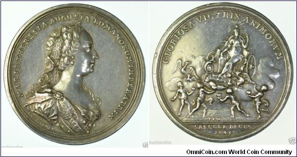 1745 Austria Maria Theresia On The Restoration Of Peace in Germany after Austrian War of Succession Medal by A.R. Werner & P.P. Werner. Silver 45 MM.
Obv: Draped Bust with diadem to right with engraver signed A.R. Werner, Legend MARIA THERESIA AUGUSTA ROMAMNRUM IMPERATRIX. Rev: Maria Theresia as Venus moves, accompanied by Putti handing hearts, in splendid Adlerbiga over the countrydrawn by doves and eagles. Legend GIORIOSA VICTRIX ANIMORVM initials PPW, in exergue below SAECULL DECUS 1745.
