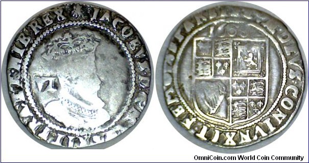 James I Sixpence. m.m. Escallop 2.9gms 24mm Third bust.
2nd coinage.
