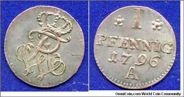 1 pfennig.
Kingdom of Prussia.
Friedrich Wilhelm II (1786-1797).
*A* Berlin mint.


Bilon.