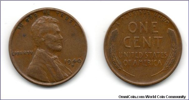 1940 Lincoln Cent, Wheat Ears Reverse. Denver Mint