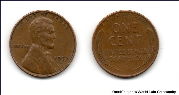 1953 Lincoln Cent, Wheat Ears Reverse. Denver Mint