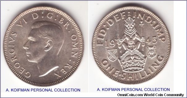 KM-854, 1945 Great Britain shilling; silver, reeded edge; George VI, Scottish crest, lustrous uncirculated.