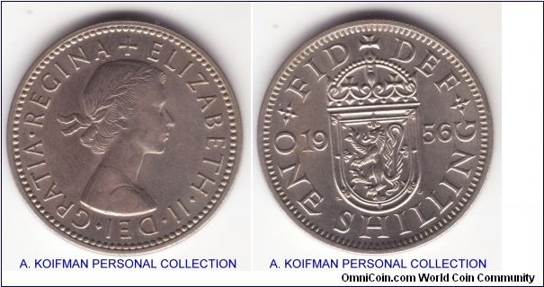 KM-905, 1956 Great Britain shilling, Scottish creat; copper nickel, reeded edge; uncirculated or about.