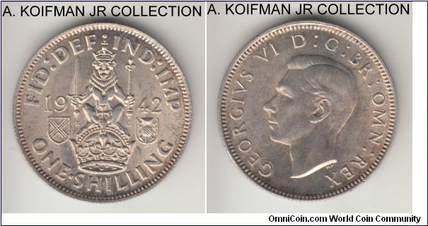 KM-854, 1942 Great Britain shilling; silver, reeded edge; George V, Scottish crest, nicely toned still lustrous uncirculated specimen.
