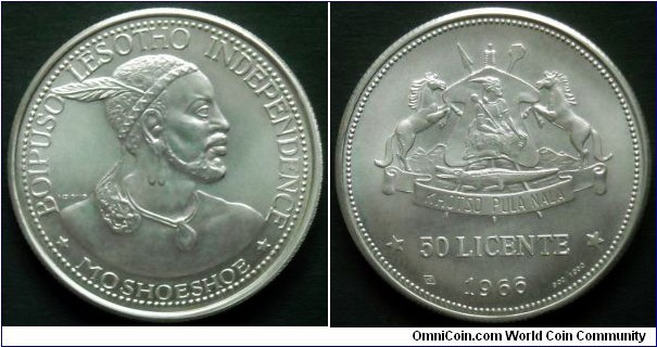 Lesotho 50 licente (lisente) 1966, Moshoeshoe II - Independence Attained.
Ag 900.