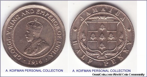 KM-24, 1016 Jamaica half penny, Heaton mint (H mintmark); copper-nickel, plain edge; uncurculated for wear, but a bit baggy.