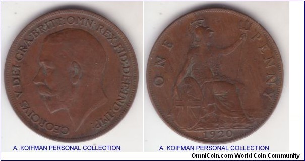 KM-810, 1920 Great Britain penny; bronze, plain edge; a bit dirty extra fine.