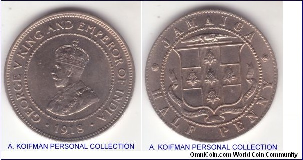 KM-25, 1918 Jamaica half penny, Ottawa Canadian Royal mint (C mint mark); copper-nickel, plain edge; nice, uncirculated specimen.