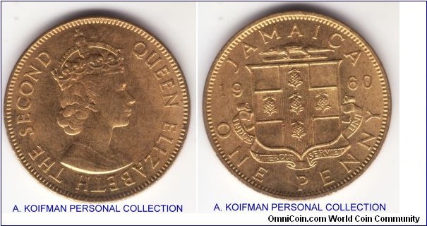 KM-37, 1960 Jamaica penny; nickel-brass, plain edge; bright red, but starting to tone uncirculated specimen.