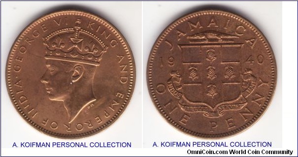 KM-32, 1940 Jamaica penny; nickel-brass, plain edge; extra fine or better.