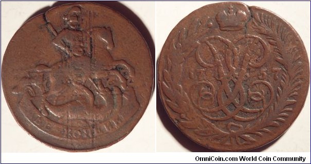 AE 2 kopeeks 1757. Struck on a 1727 5 kopeeks coin, SPB.