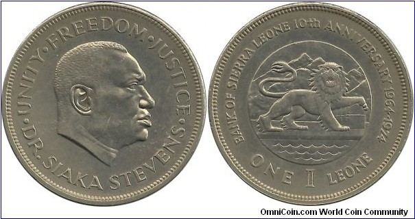 SierraLeone 1 Leone 1974 - Bank of Sierra Leone 10th Anniversary 1964-1974