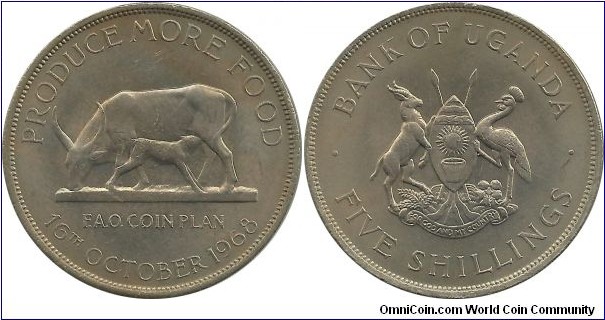 Uganda 5 Shillings 1968 - FAO Coin Plan, one of the first FAO coins.