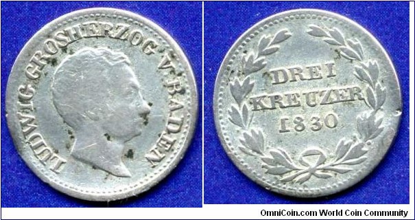 3 kreuzer.
Grossherzogthum Baden.
Ludwig (1818-1830).
Mintage 1,277,000 units.


Ag375f. 1,14gr.