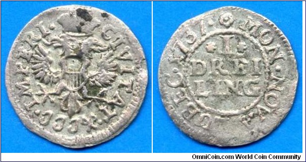 1 dreiling (3 pfennig).
Free City Lübeck.
*JJJ* - mintmaster Johann Justus Jaster.


Bilon.