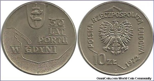 Poland 10 Zlotych 1972-50th Anniversary Gdynia Seaport