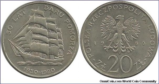 Poland 20 Zlotych 1980-50th Anniversary of Training Ship Pomorza