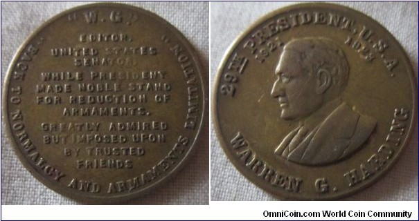 1960's medal depicting Warren G harding