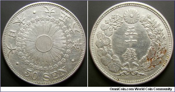 Japan 1917 50 sen. Cleaned. Weight: 10.16g.