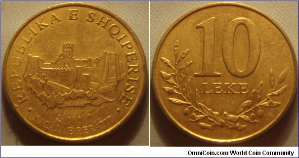 Albania | 
10 Lek, 2000 – non-metallic | 
21.25 mm, 3.6 gr. | 
Aluminium-bronze | 

Obverse: The fortress of Berati and date | 
Lettering: • REPUBLIKA E SHQIPERISE • 2000 KALAJA E BERATIT | 

Reverse: Denomination and olive branches |
Lettering: 10 LEKE | 