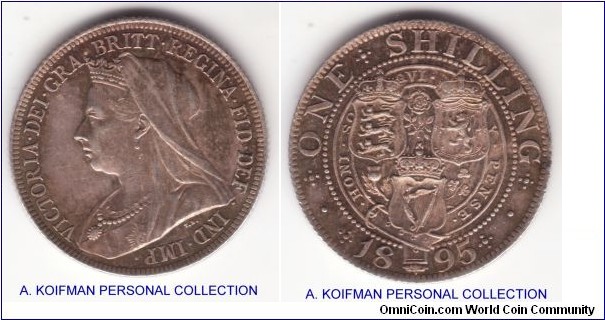 KM-780, 1895 Great Britain shilling; silver, reeded edge; good extra fine coin, lots of tone and luster, pleasant toning that the scan can't catch.