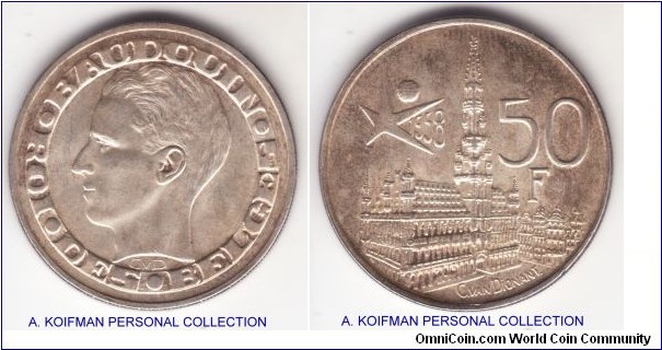 KM-150.1, 1958 Belgium 50 francs; silver, reeded edge; nicely toned uncirculated or almost, Des Belges, coin rotation.