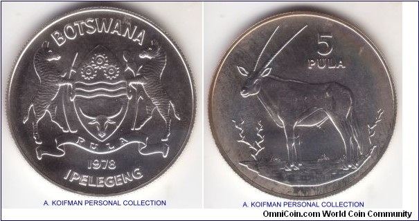 KM-11, 1978 Botswana 5 pula; silver, reeded edge; uncirculated specimen with some toning on reverse, mintage 4,026