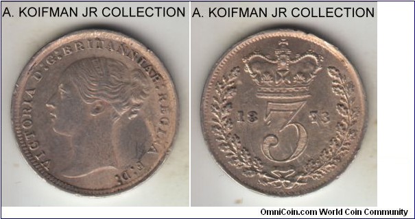 KM-730, 1873 great britain 3 pence; silver, plain edge; Victoria young head, about uncirculated, some toning.