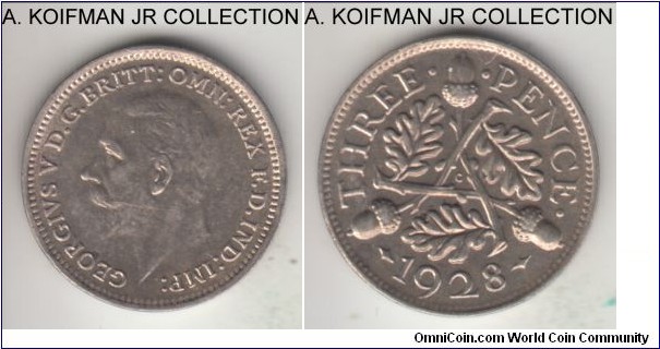 KM-831, 1928 Great Britain 3 pence; silver, plain edge; George V, appears to be uncirculated but with weakly struck acorns and few die breaks, couple of bag marks.