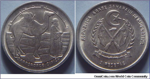 Sahrawi Arab Republic (West Sahara) | 
2 Pesetas, 1992 | 
27.75 mm, 8 gr. | 
Stainless Steel | 

Obverse: Camel and Bedouin facing right | 
Lettering: النقل التقليدي TRANSPORTE TÍPICO | 

Reverse: National Coat of Arms, denomination below | 
Lettering: REPUBLICA ARABE SAHARAUI DEMOCRATICA 2 PESETAS | 