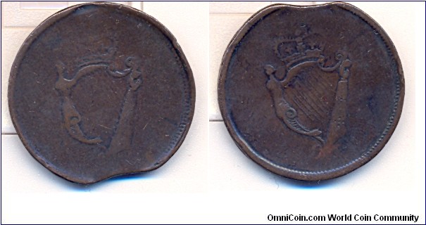 HUGE MINT ERROR ON IRISH GEORGE 3RD HARP PENNY.HARP STAMPED BOTH ON OBVERSE AND REVERSE. COIN HAS CORRECT EDGE, MINT ERROR GAMBLERS COIN BLACKSMITH ISSUE, HAS ANYBODY ANY IDEA ?