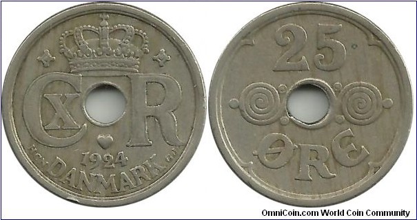 Denmark 25 Øre 1924-Christian X