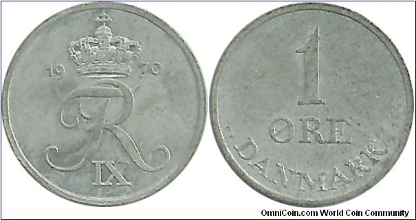 Denmark 1 Øre 1970-Frederik IX (Zn)