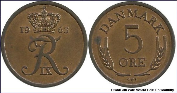 Denmark 5 Øre 1963-Frederik IX