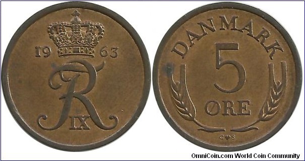 Denmark 5 Øre 1963-Frederik IX