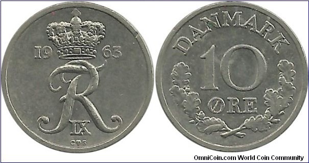 Denmark 10 Øre 1963-Frederik IX